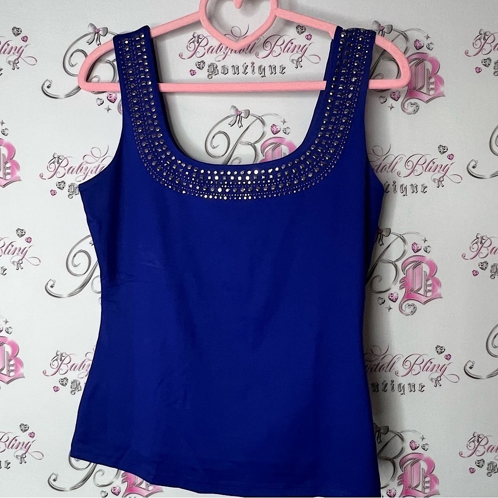 Cache tank top rhinestone studded neckline Blue Embellished Women's Top